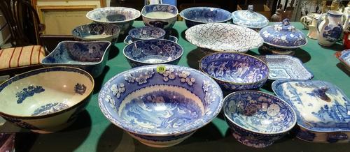 Ceramics, including; 18th century and later blue and white bowls, tureens and dishes, mainly Spode, (a.f.) (qty).  T