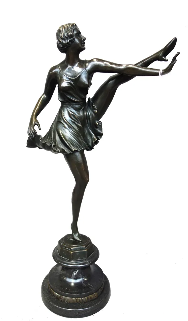 A modern bronze female dancer, modelled left leg raised, arm out stretched on an integral octagonal base and turned marble plinth. 53cm high.