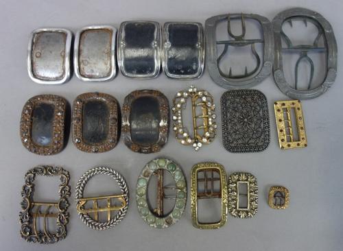 A pair of leather and white metal mounted shoe buckles stamped 'Boulton & Smith', circa. 1792, a pair of early 19th century silver hallmarked shoe buc