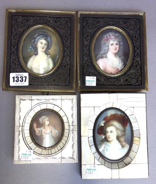 Early 20th century Continental School; a pair of decorative portrait miniatures of fashionable women in the early 19th century style, 8cm high, in cut