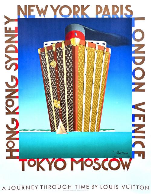 A journey through time by Louis Vuitton, circa. 1980, colour lithograph poster, signed 'Razzia' (Gerard Courbouleix), laid to linen, 151cm x 118cm.  I