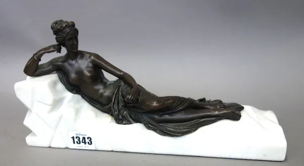 A Modern bronze classical female, semi-nude, reclining atop a naturalistic marble base (28.5cm wide) and another modern bronze of a seated female, one