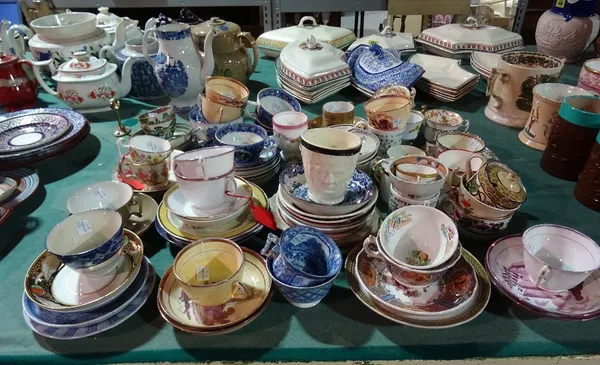 Ceramics, including; 18th century and later cup saucers and tea bowls, Spode, Minton, pink lustre examples and sundry, (a.f) (qty).T