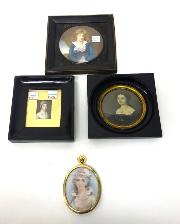 A miniature on ivory depicting a young man in a blue coat, indistinctly signed,10cm diameter, another depicting Lady Collier G.C.B, 1830, 7cm and two