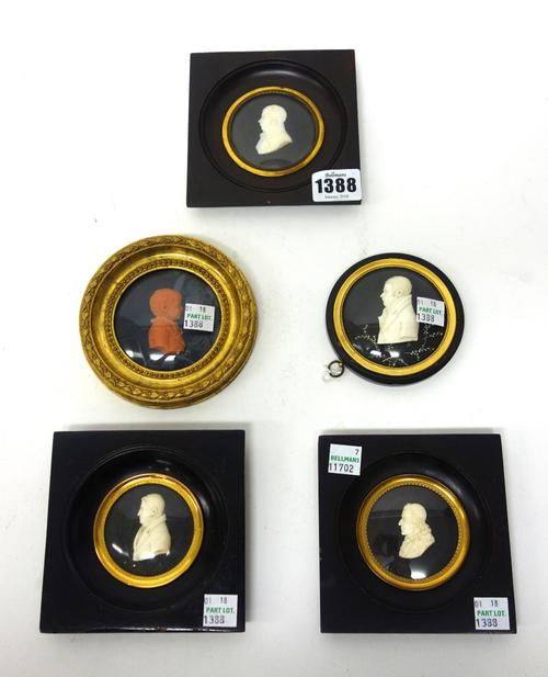 Five Victorian wax profile miniature busts of gentleman, early 19th century, each framed and glazed, (5).