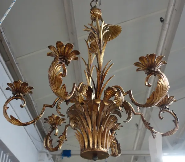 A modern gilt metal six branch chandelier with all over leafy foliate decoration (70cm high)