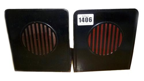 Bauhaus Design; Marianne Brandt for Ruppelwerk Gotha, a pair of black bookends one marked 'Ekaha', circa 1929-1932, with printed marks, 14.5cm high; a