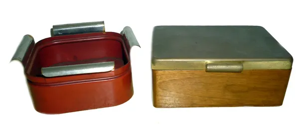 Bauhaus Design; Marianne Brandt for Ruppelwerk Gotha, a brass lidded walnut box, circa 1929-1932, with printed mark, 12cm wide; and a red tray attribu