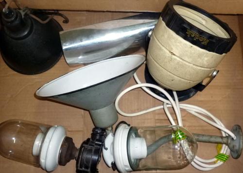 A Kandem ceiling work lamp in the manner of Brandt, 20cm high; a Siemens PL3 porcelain and glass hanging light, 21cm high; a German porcelain, glass a