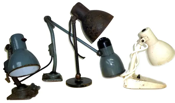 Kandem; four desk lamps by or attributed to Marianne Brandt, including two grey machinist lamps with ball-joint bases, a slipper foot lamp, and a part