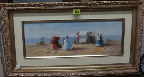 Manner of Eugene Boudin, Beach scene, oil on canvas, 17cm x 45cm.  G1
