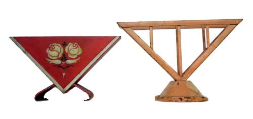 Bauhaus Design Marianne Brandt for Ruppelwerk Gotha; two napkin holders, one orange of pierced open form, 13.4cm high and another red with painted ros