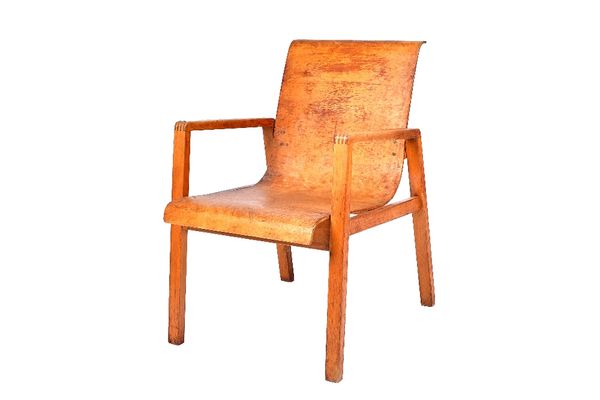 Alvar Aalto; a side chair, model 51, circa 1932, birch and plywood birch, faintly stamped "AALTO DESIGN MADE IN FINLAND", probably made by Oy Huonekal
