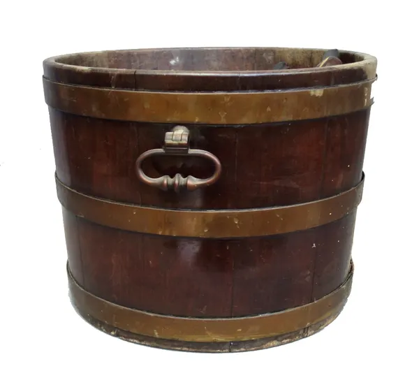 An oak and brass bound cooper made bucket with twin brass handles (39cm diameter), a mandolin, two painted wooden decoy ducks, a pair of polished bras