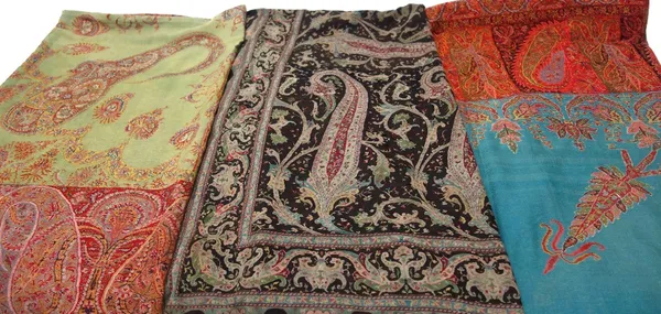 A late 19th century paisley square table cover with a turquoise main field within a boteh border and all over characteristic polychrome decoration, 17