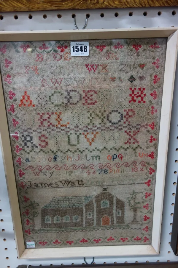 A Victorian alphabet sampler by James Watt and Jane Turner, with polychrome detailed alphabet over a church and tree within a wide floral border, 42cm