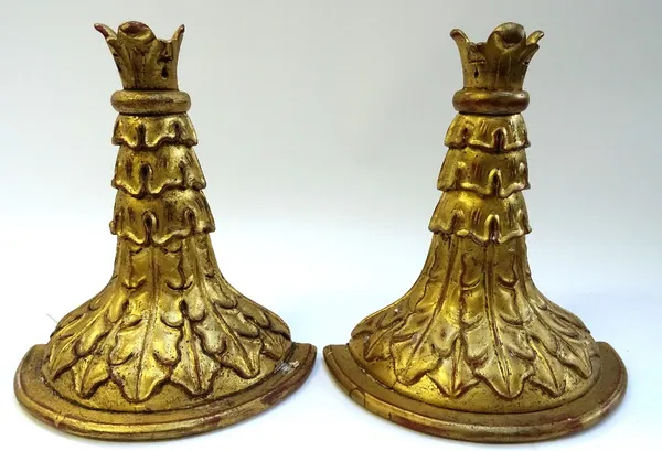 A pair of 18th century style gilt wall brackets, with leaf moulded bodies, 30cm wide x 32cm high, (2).