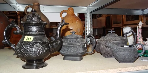 Ceramics, comprising; 18th century and later black basalt wares, including two teapots (one probably Leeds), a milk jug commemorating Wellington's vic