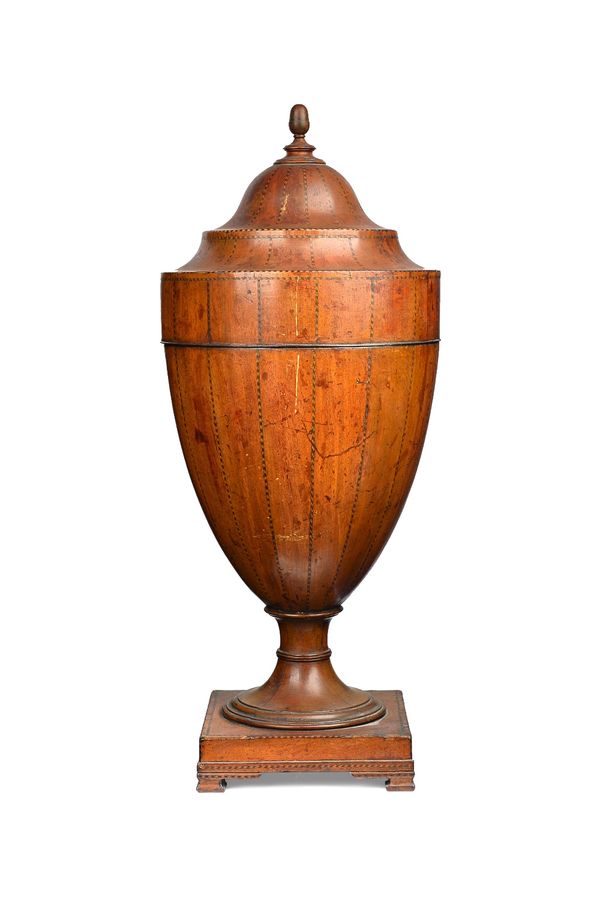 A George III Neo-Classical inlaid mahogany urn shaped knife/cutlery stand, with pop-up top on a square base, 25cm wide x 62cm high.  Illustrated