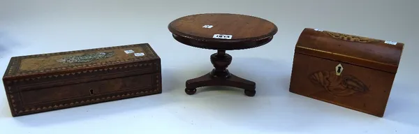 A 19th century miniature circular breakfast table, 22cm wide, a Victorian mother-of-pearl inlaid Tunbridge ware glove box, 27cm wide, and a George III