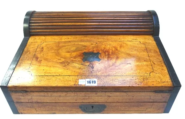 A 19th century Anglo-Indian metal bound camphor wood lap desk, with pop up fitted interior and fold-out writing surface, 49cm wide x 23cm high x 38cm