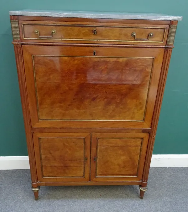 A 19th century Louis XVI style gilt metal mounted mahogany secretaire a abattant, the grey marble top over single drawer and fall enclosing a fitted i