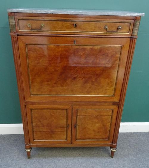 A 19th century Louis XVI style gilt metal mounted mahogany secretaire a abattant, the grey marble top over single drawer and fall enclosing a fitted i