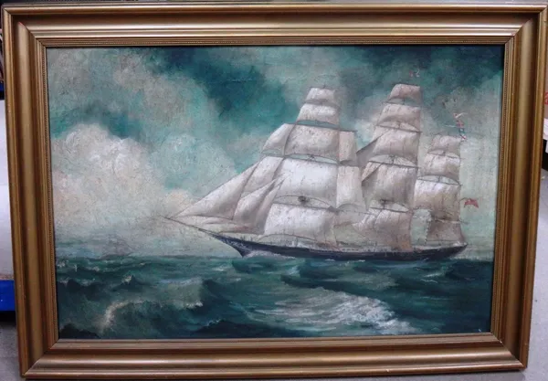British School (late 20th century), A masted ship at sea, oil on canvas, signed indistinctly, 49cm x 74cm.   E1