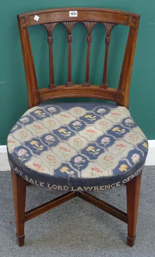 A Regency mahogany dining chair on tapering square supports, the tapestry seat reading 'Chair acquired at Sale Lord Lawrence of Kingsgate Northforelan