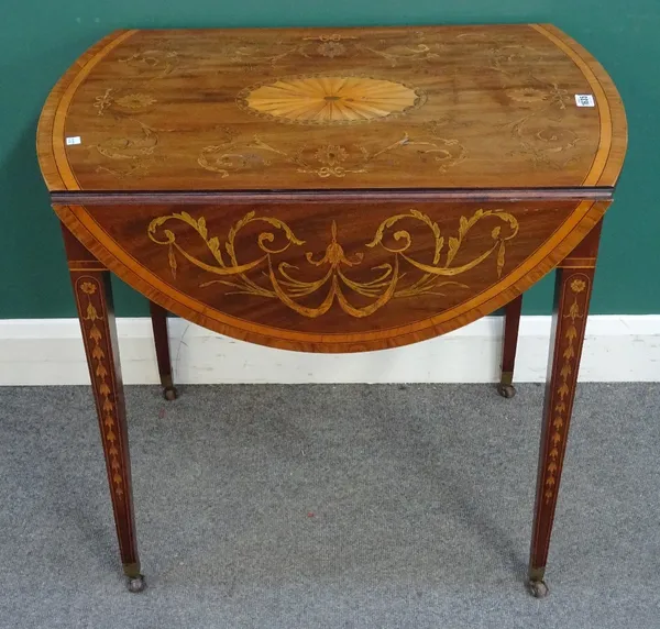A George III Kingwood and satinwood banded later inlaid mahogany Pembroke table with single frieze drawer on tapering square supports, 51cm wide, 94cm