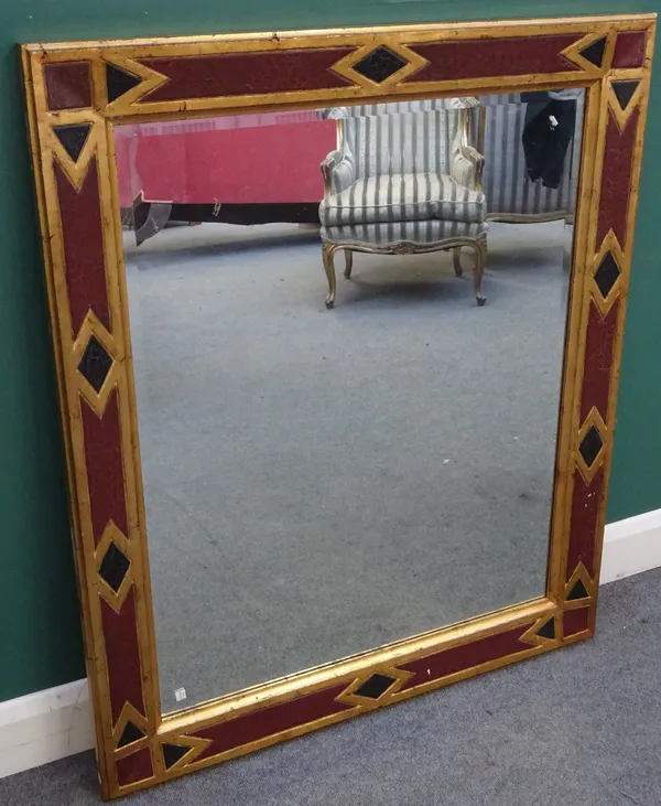 A pair of 20th century rectangular wall mirrors, with painted geometric frames, 120cm wide x 100cm high.