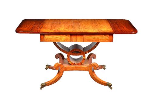 A pair of George III style hardwood sofa tables, each with a pair of frieze drawers on shaped open column and four downswept supports, 88cm wide x 141