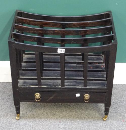 An Anglo Indian solid Coromandel Canterbury, of George III design, the concave four division top over single drawer, on turned supports, 51cm wide x 5