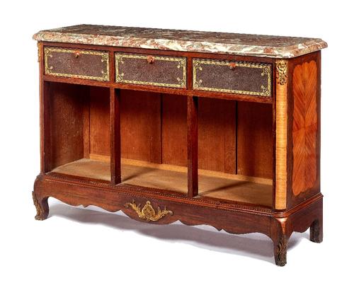 A Louis XIV style gilt metal mounted cartonnier bookcase, the rectangular marble top over three leather fronted folio boxes and open shelves, on squat