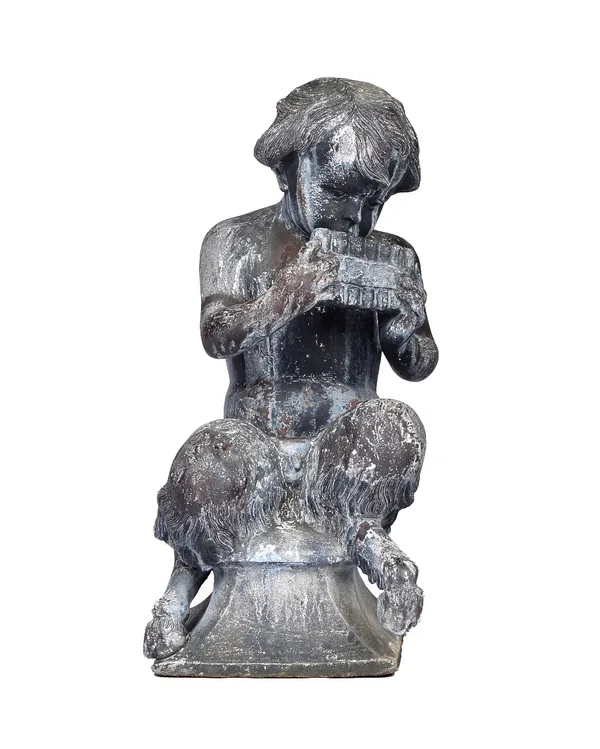 A lead figure cast as a seated fawn playing pipes, on a flared square base, 28cm wide x 60cm high. Illustrated