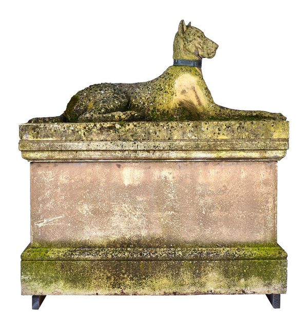 The Kingsale Hounds, No.43 of 100, circa 2001, by Triton, a pair of patinated reconstituted stone figures of recumbent hounds, with bronze collars, 17