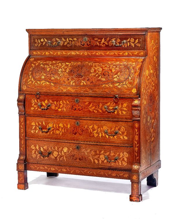 A late 18th century Dutch floral marquetry inlaid walnut cylinder writing bureau, with one long drawer over fitted interior and three further long dra
