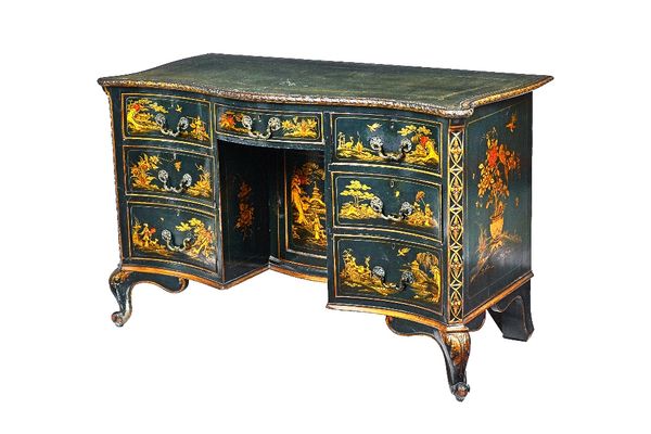 A late 19th century green lacquer chinoiserie decorated kneehole writing desk, with seven serpentine drawers about the cupboard, on square scroll supp