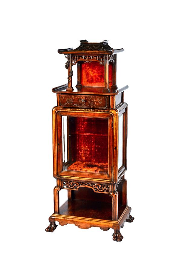After Gabriel Viardot, an early 20th century French fruitwood vitrine cabinet of Chinese Revival taste, on paw feet, 61cm wide x 147cm high x 36cm dee