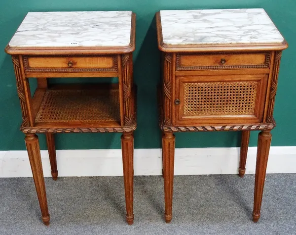 A pair of early 20th century French carved walnut bedside tables, each with marble top over single drawer on tapering fluted supports, 44cm wide x 81c