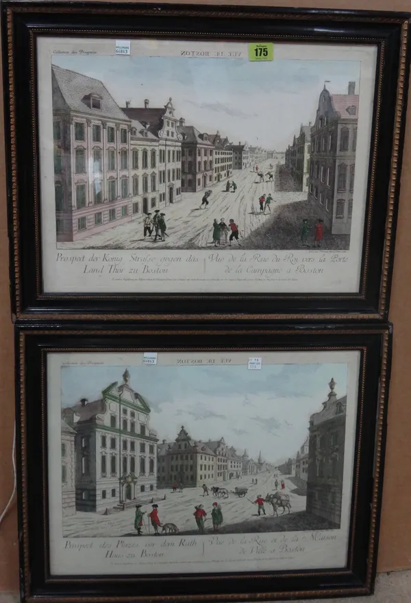 After Francois Habermann, Prospect der Konig; Prospect des Plazes vor dem Rath, a pair of engravings with hand colouring, each 31.5cm x 42cm.   S2