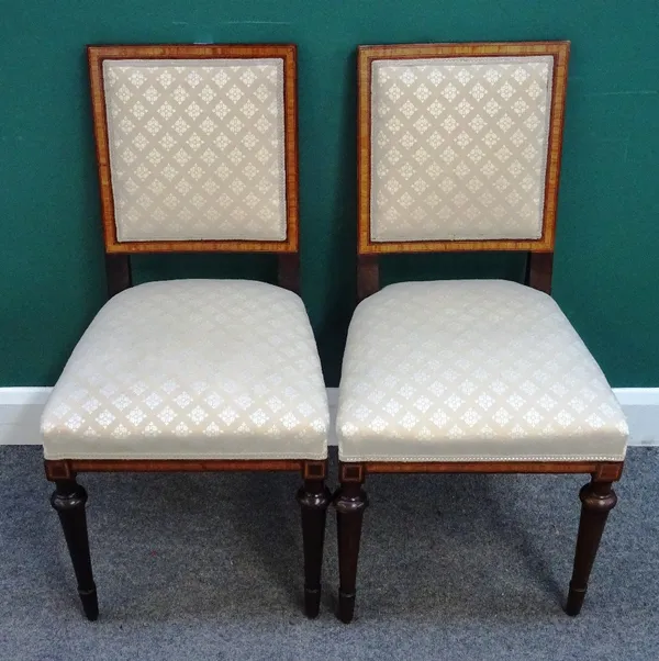A pair of 19th century French satinwood banded mahogany square back side chairs, on turned supports, (2).  14