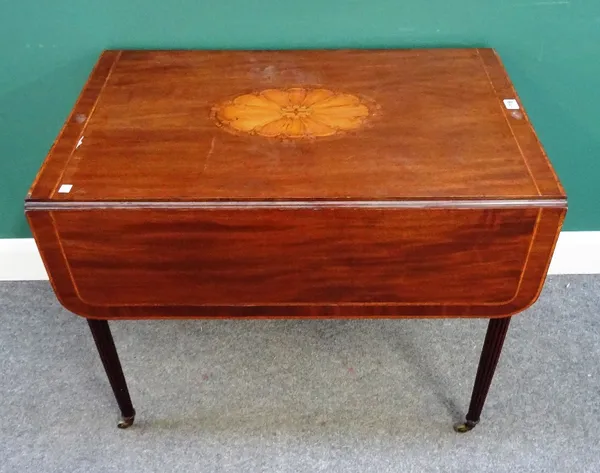 A late George III rosewood banded inlaid mahogany Pembroke table with single frieze drawer on tapering reeded supports, 55cm across x 103 across open