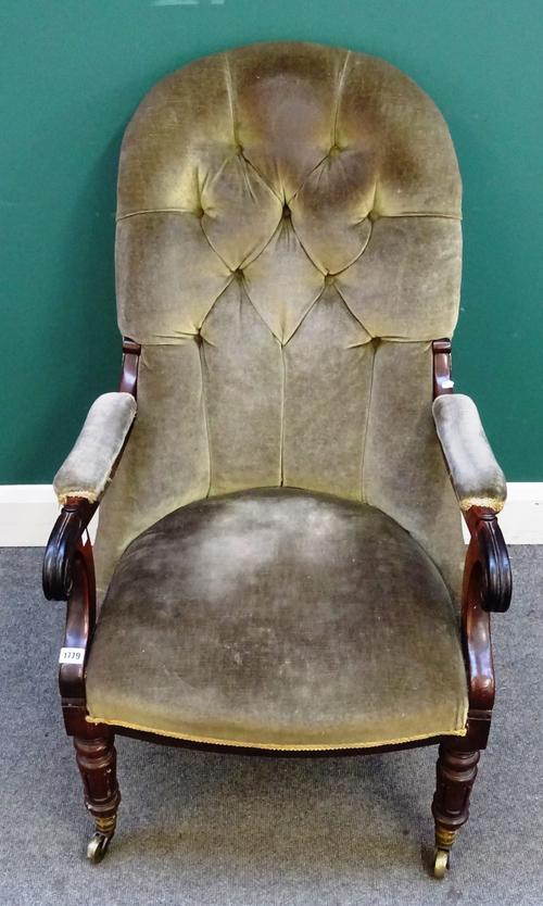 A William IV rosewood framed slipper back open armchair, on lappet carved supports, 59cm wide x 99cm high.