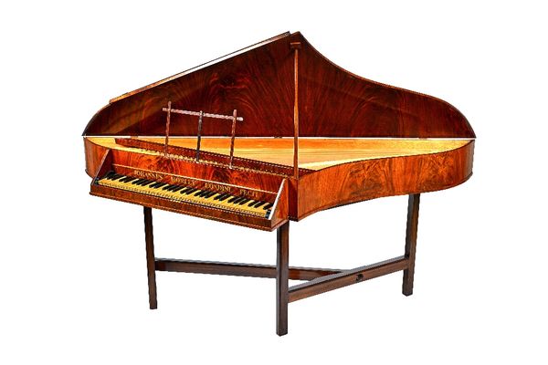 Robert Morley and Company Limited, a mid 20th century walnut cased spinet, stamped 'Morley 010', on block supports, united by stretcher 188cm wide x 7