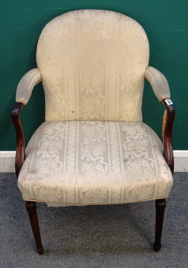 A George III mahogany framed open armchair, on turned tapering supports, 65cm wide x 91cm high.