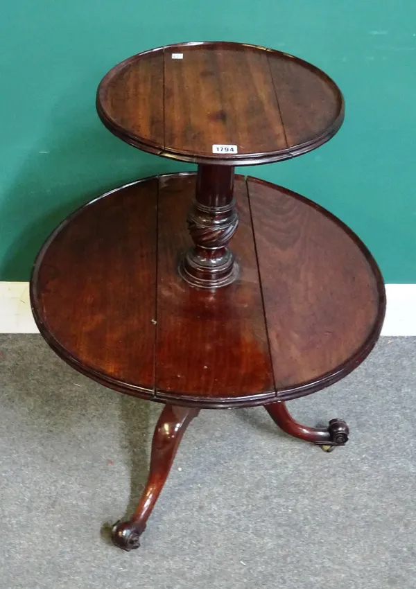 A George III mahogany drop flap two tier circular dumb waiter on tripod base, 62cm wide x 80cm high.