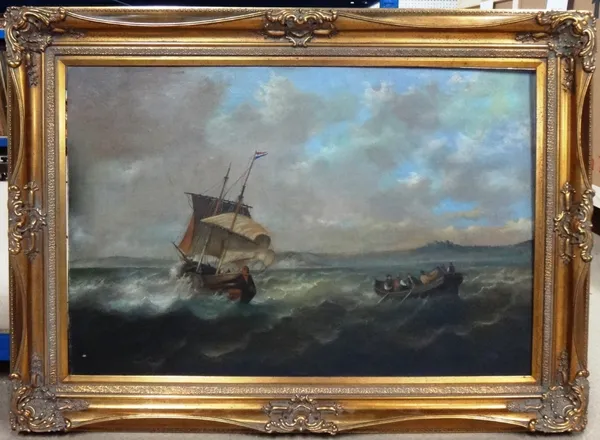 British School (20th century), Vessels off the coast, oil on canvas laid on board, 60cm x 91cm.  J1