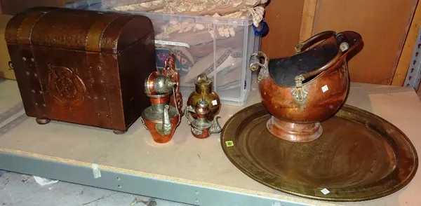 Copper and brass, including; a helmet shaped coal scuttle, a brass tea canister, a copper log box and sundry, (qty). S3