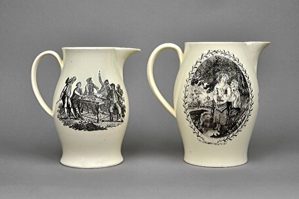 Four English creamware transfer printed baluster jugs, circa 1800, probably Liverpool, the largest printed to both sides and titled The Careless Milkm